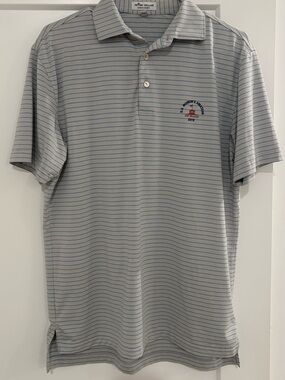 Peter Millar Light Gray Polo with Thin Blue Stripes
